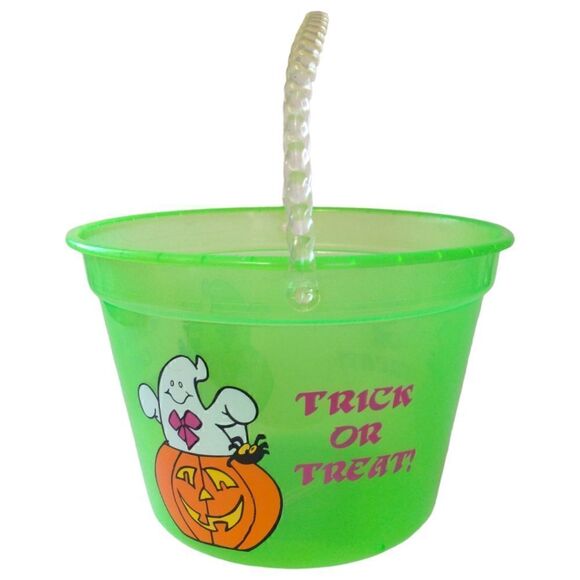 Vintage Halloween Bucket Pail Trick or Treat Ghost Translucent Neon Green 1990s. - Picture 7 of 16